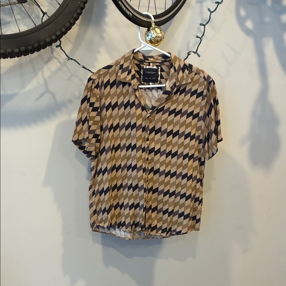Denim & flower Topman Diamond Pattern Short Sleeve Shirt in Tan and Black